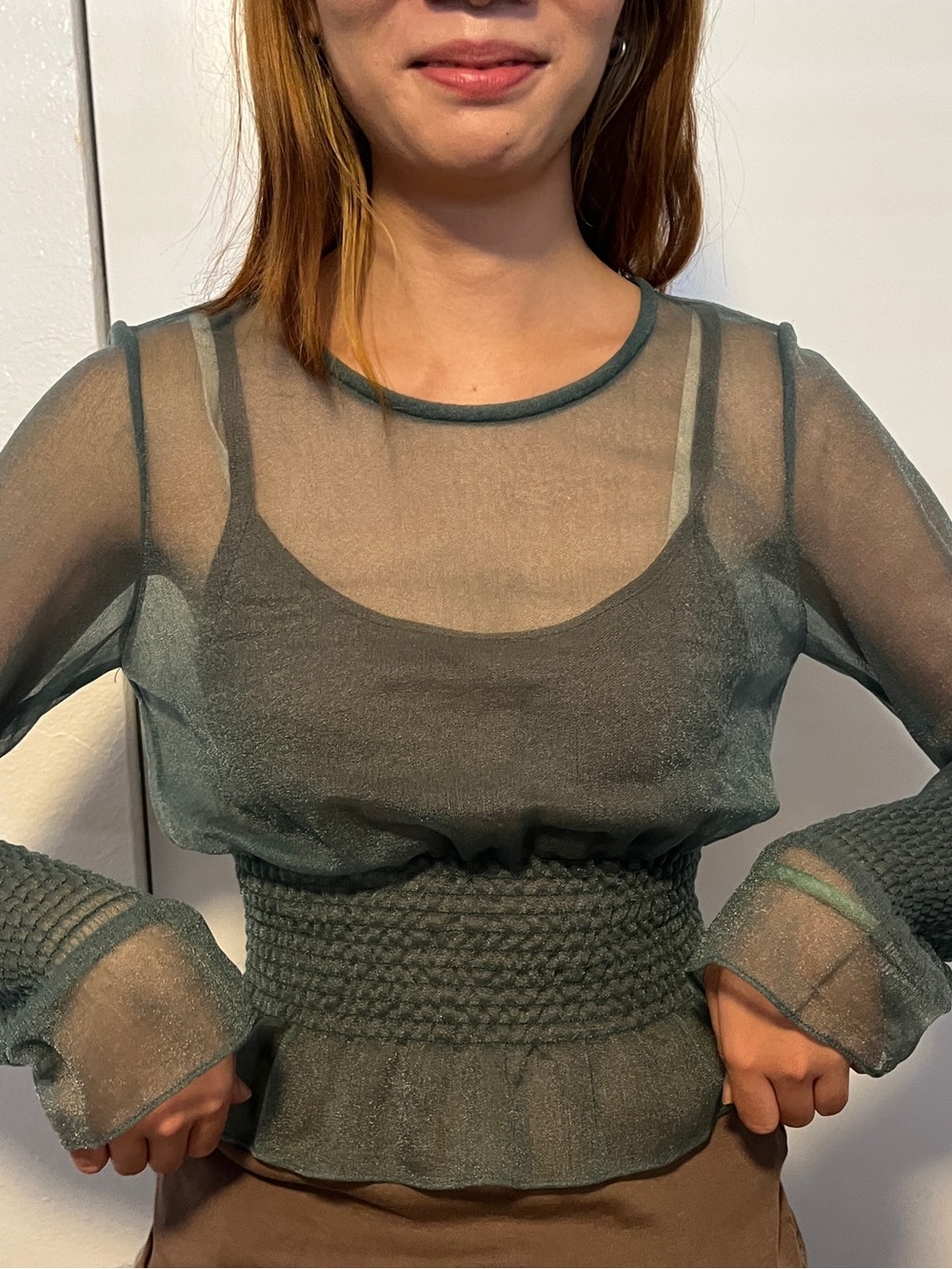 Eckhaus Latta Sheer Smocked-Waist Top in Dusty Teal